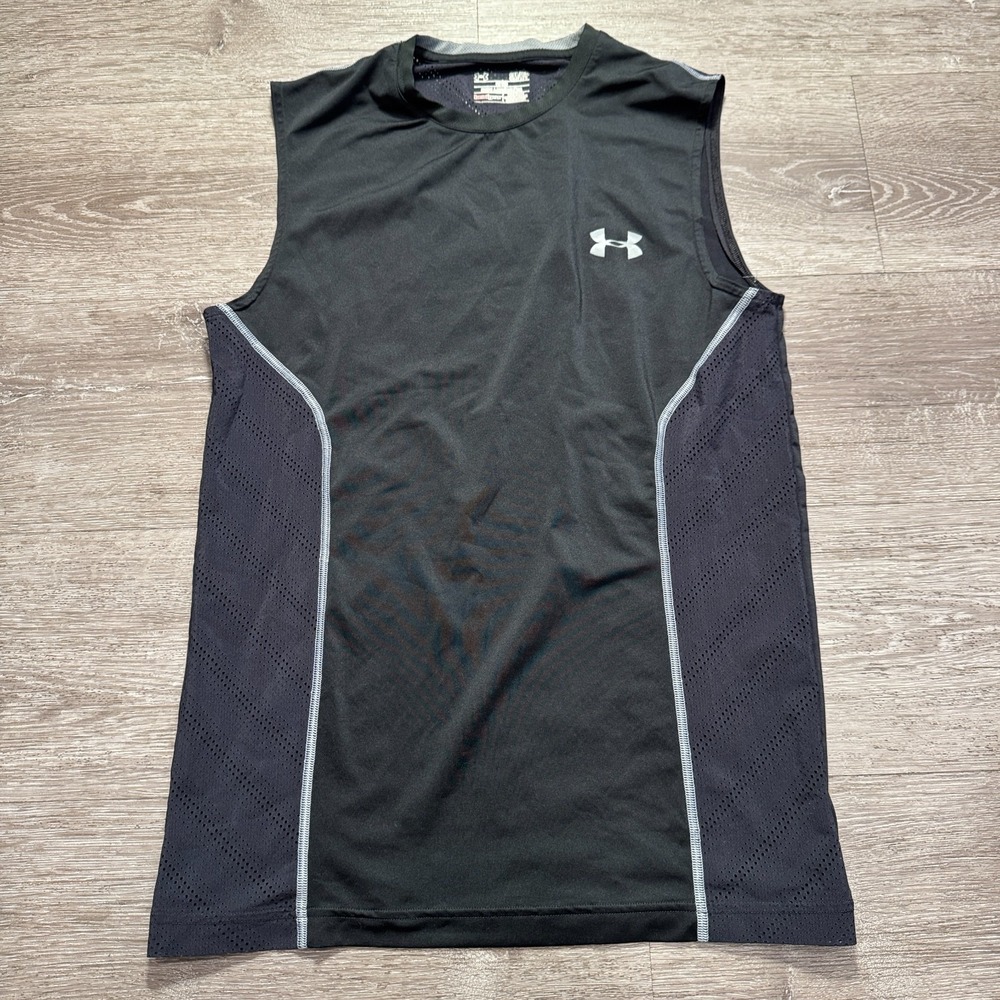 Under Armour Shirt Mens Small Black Tank Top Fitted Logo Performance Workout